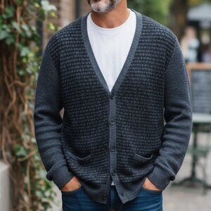 John Varvatos Button Cardigan Mens Large Navy Blue Mixed Stitch V-Neck Sweater